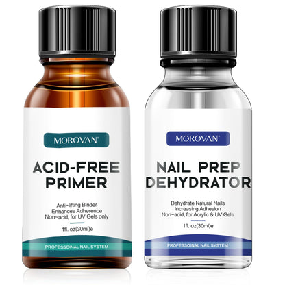 Morovan Nail Primer & Dehydrate Set – Fast Air Dry, 30ml / 1oz for Gel Polish & Acrylic