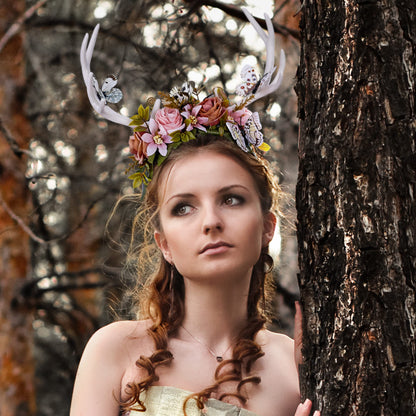 MOSTORY Handmade White Antler Headband – Forest Butterfly Crown for Weddings & Cosplay