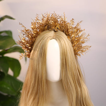MOSTORY Flower Halo Crown Headband – Handmade Gold Floral Queen Crown for Women