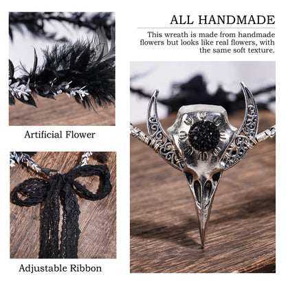 MOSTORY Handmade Black Raven Feather Crown – Gothic Circlet with Raven Skull & Dark Moon Tiara for Women & Girls