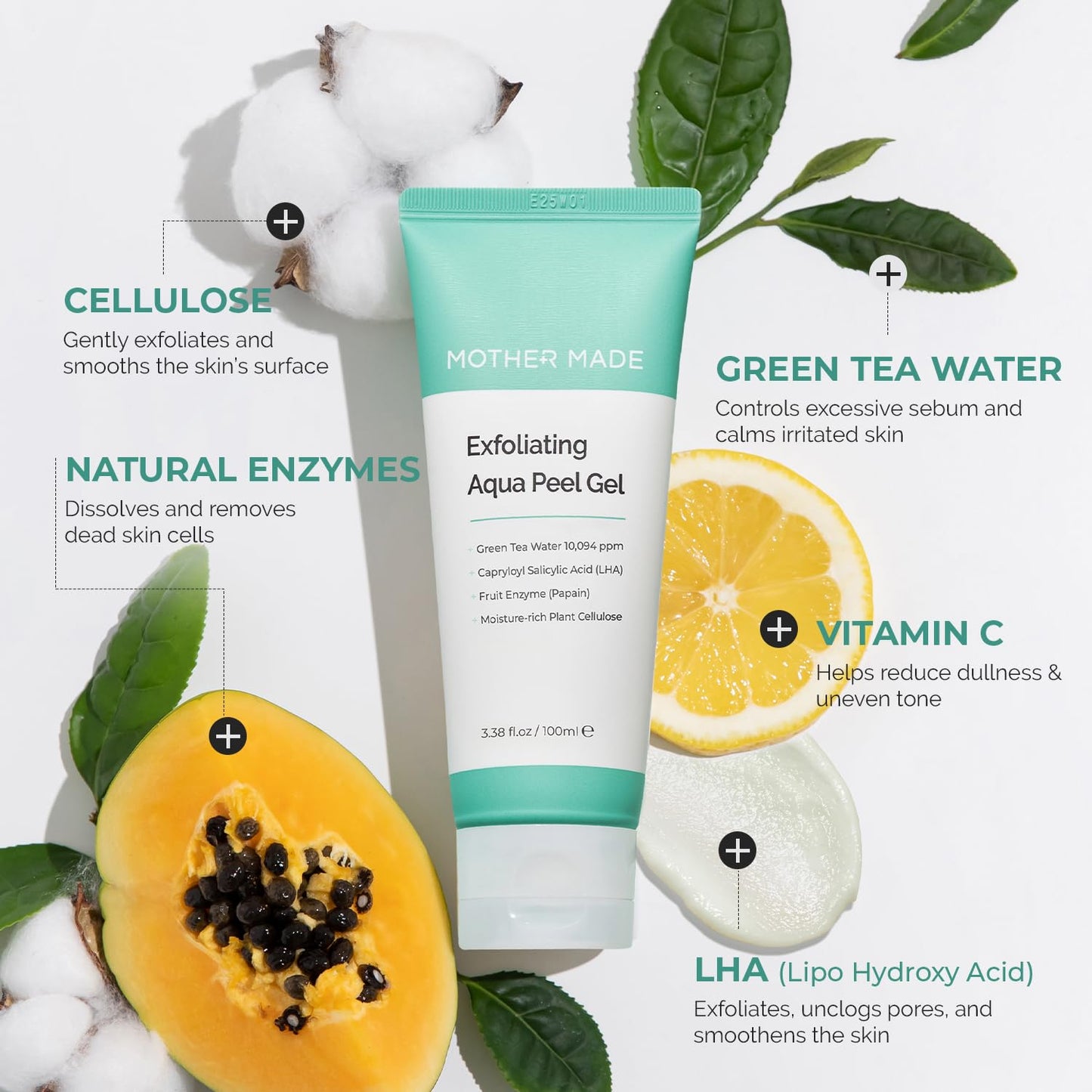 MOTHER MADE LHA Green Tea Exfoliating Aqua Peel Gel – Pore Care, Gentle Facial Exfoliator, 2 Pack (100ml each) | Vegan, Korean Skincare