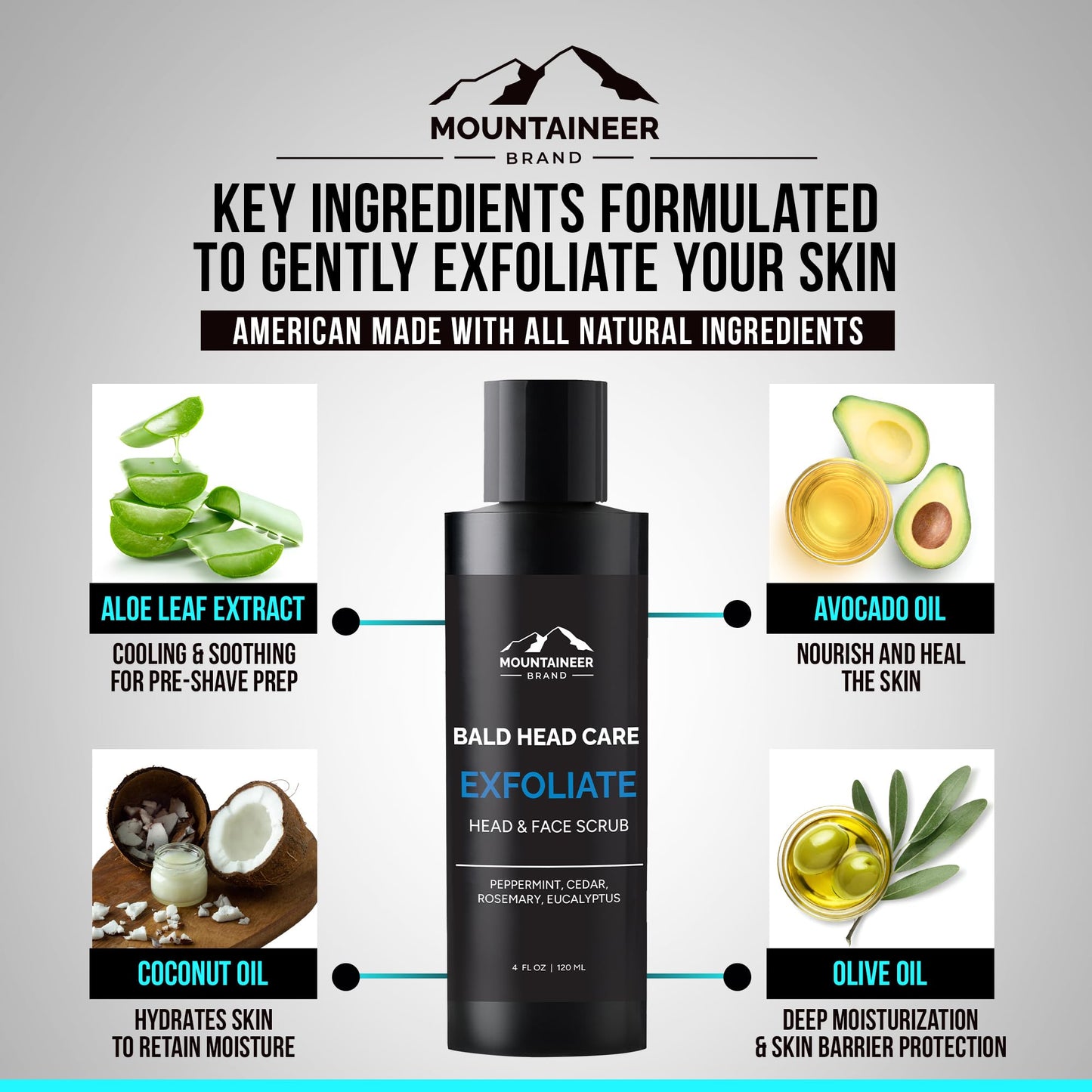 Mountaineer Brand Natural Bald Head Exfoliator – Fresh Scent, Scalp & Face Scrub (4oz) – Made in WV