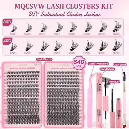 MQCsvw Lash Clusters Kit 640Pcs – 30D/40D Natural Wispy Lashes, 9-16mm, Bond & Seal, Remover, Tweezers