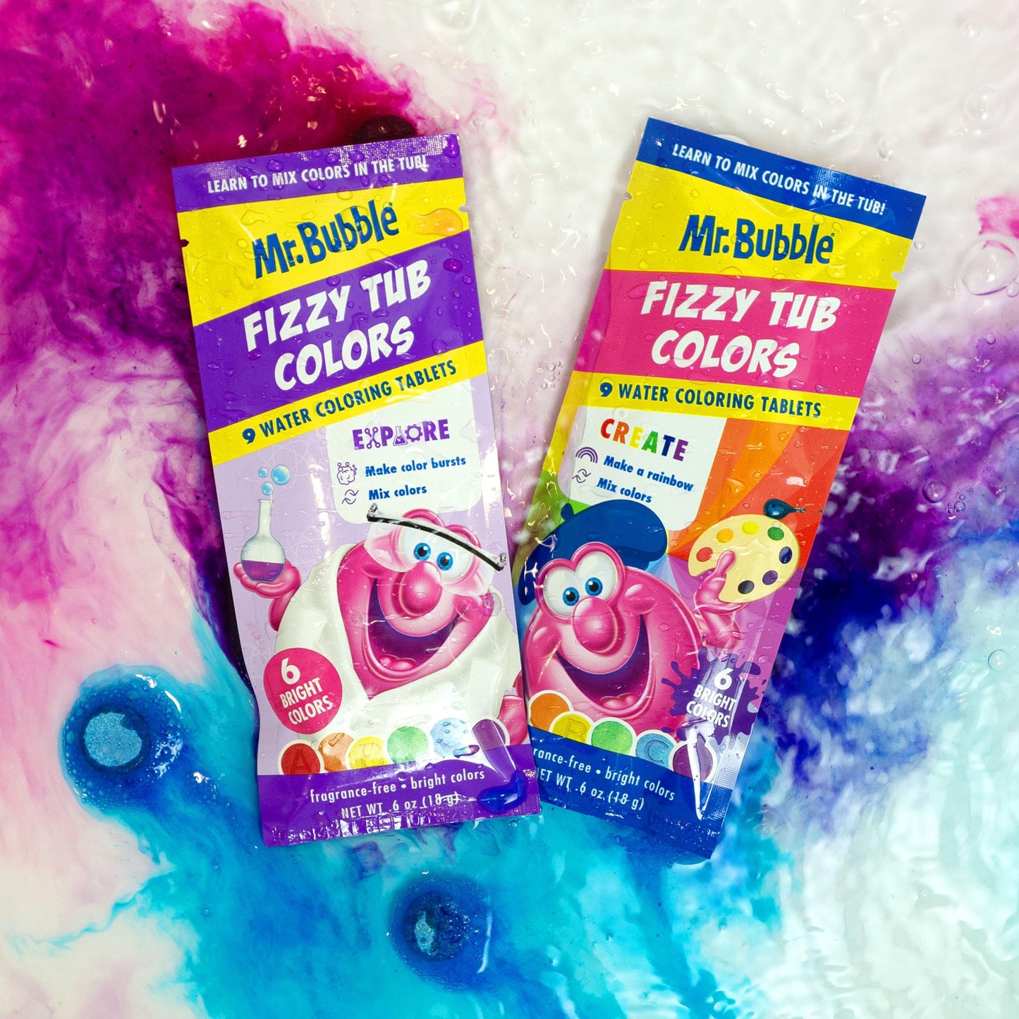 Mr. Bubble Fizzy Tub Colors Bath Tablets – 6 Bright Colors, Fragrance Free (12 Packets, 9 Tablets Each)