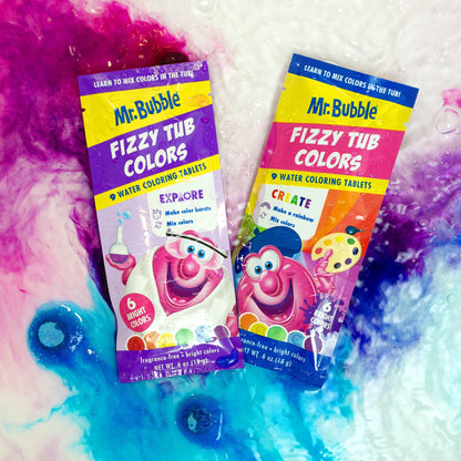 Mr. Bubble Fizzy Tub Colors Bath Tablets – 6 Bright Colors, Fragrance Free (12 Packets, 9 Tablets Each)