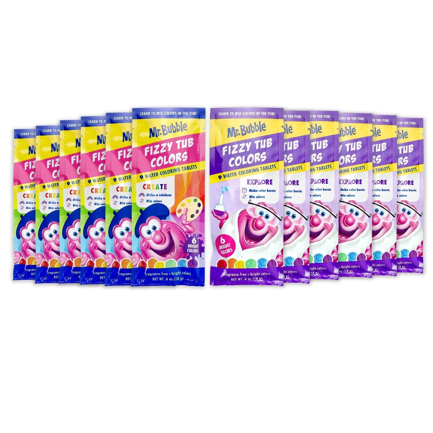 Mr. Bubble Fizzy Tub Colors Bath Tablets – 6 Bright Colors, Fragrance Free (12 Packets, 9 Tablets Each)
