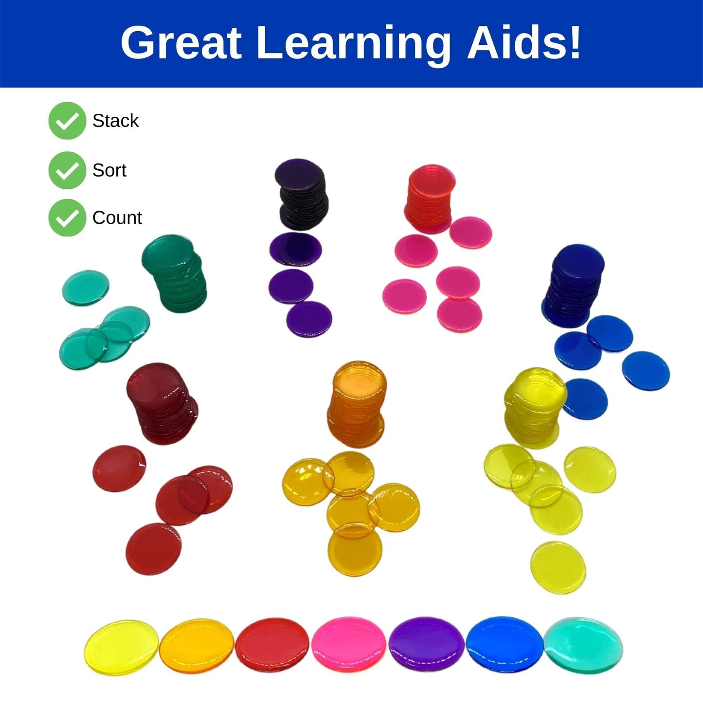 MR CHIPS Plastic Bingo Chips - 1000 Count, Transparent 3-4 Inch & 7-8 Inch, 19-Color Mix