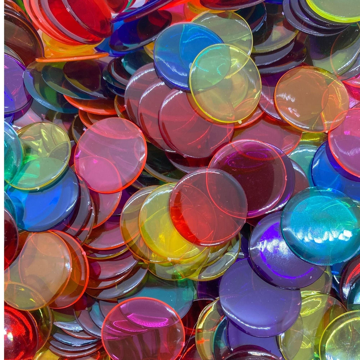 MR CHIPS Plastic Bingo Chips - 1000 Count, Transparent 3-4 Inch & 7-8 Inch, 19-Color Mix