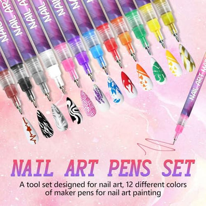 Mrryiio 12 Colors Nail Art Pens Set – 0.5mm Nail Polish Markers for Gel Nails