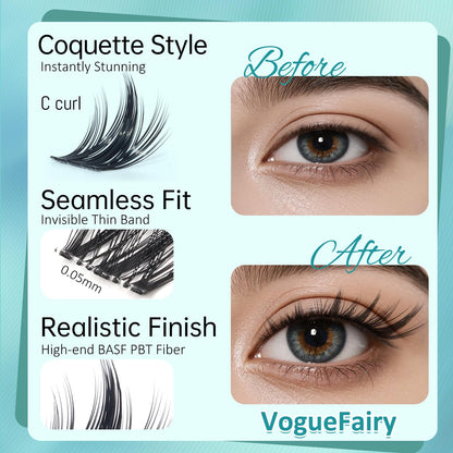 MSCICI VogueFairy.05 Manga Lashes Clusters – 8-16mm C Curl, Wispy, Invisible Band, DIY Wet-Look
