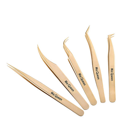 Ms.Queen Golden Eyelash Extension Tweezers Set - Precision for Volume and Individual Lashes (5-Piece)