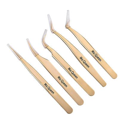 Ms.Queen Golden Eyelash Extension Tweezers Set - Precision for Volume and Individual Lashes (5-Piece)