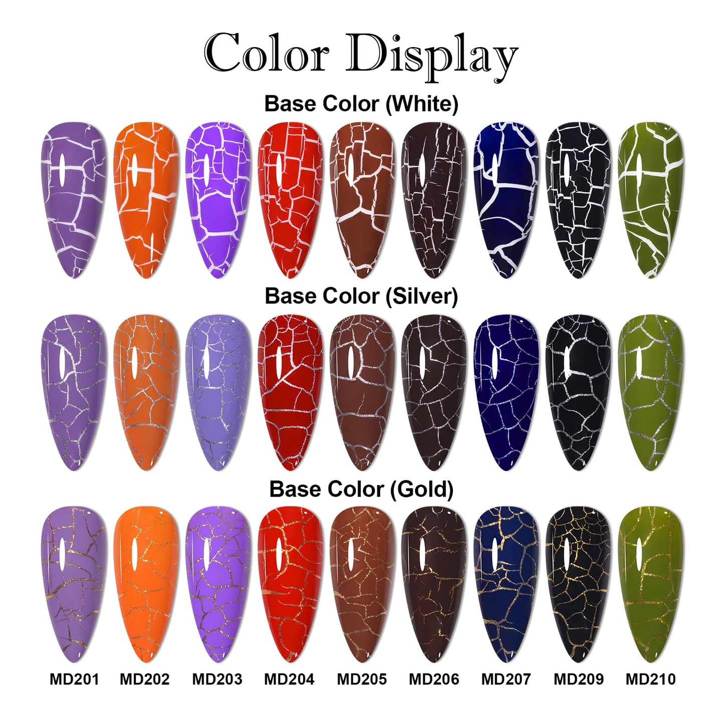 MSRUIOO Crackle Gel Nail Polish Set – 9 Crackle Colors + White, Gold & Silver | Air Dry, UV Lamp Needed