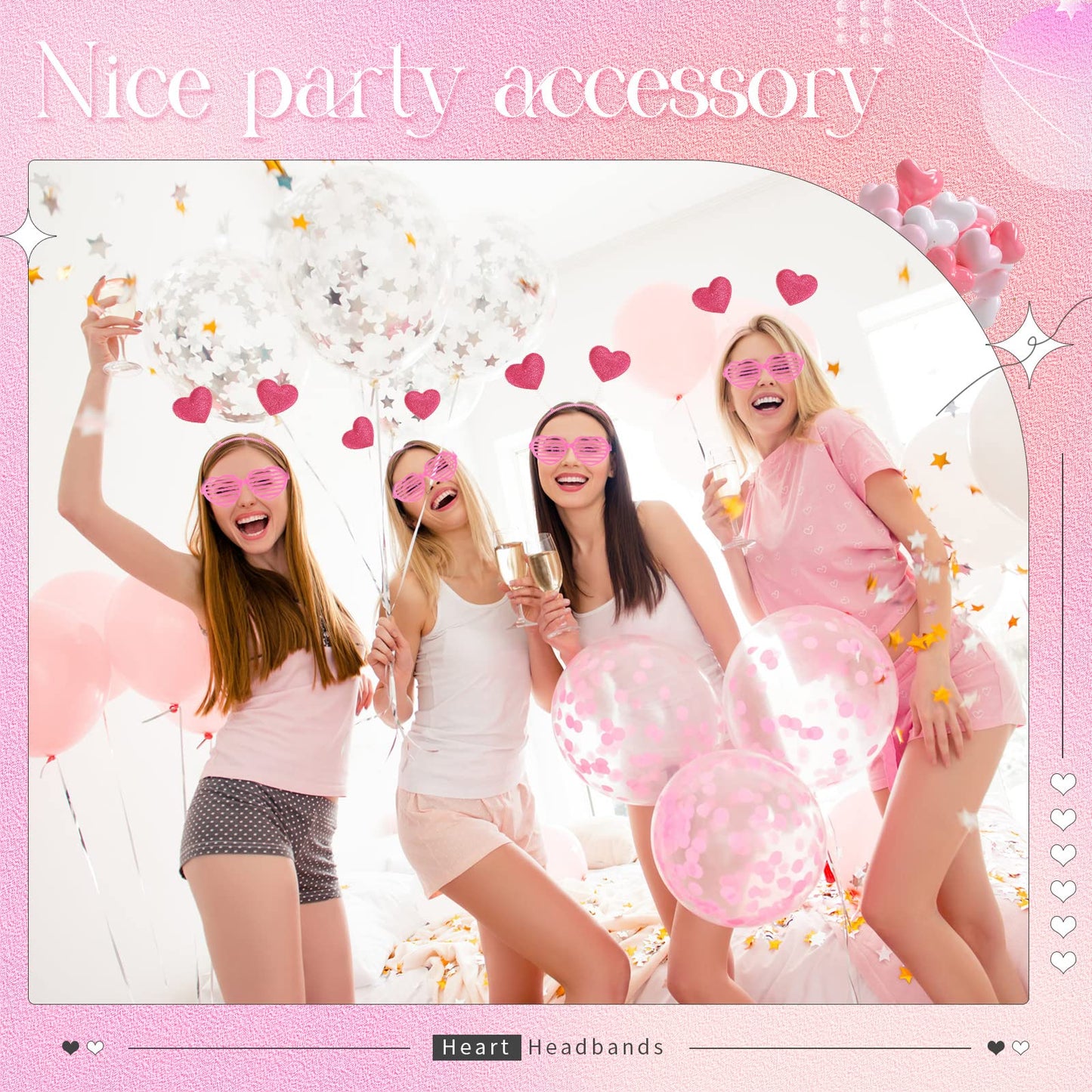 MTLEE 24 Pcs Valentines Heart Headbands & Sunglasses Set – Hollow Rose Red