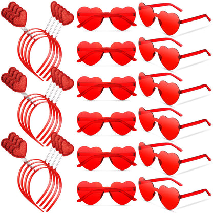 MTLEE 24 Pcs Valentines Heart Head Boppers & Heart-Shaped Sunglasses Set – Galentines Day Party Favors (Red)