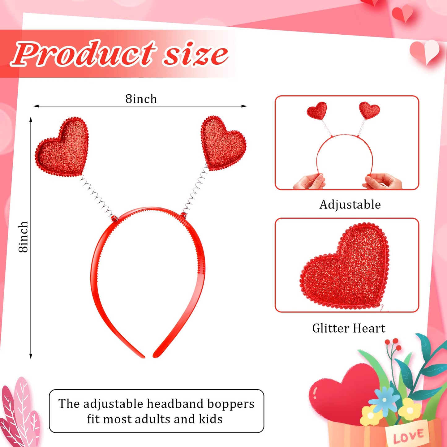 MTLEE 24 Pcs Valentines Heart Head Boppers & Heart-Shaped Sunglasses Set – Galentines Day Party Favors (Red)