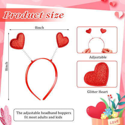MTLEE 24 Pcs Valentines Heart Head Boppers & Heart-Shaped Sunglasses Set – Galentines Day Party Favors (Red)