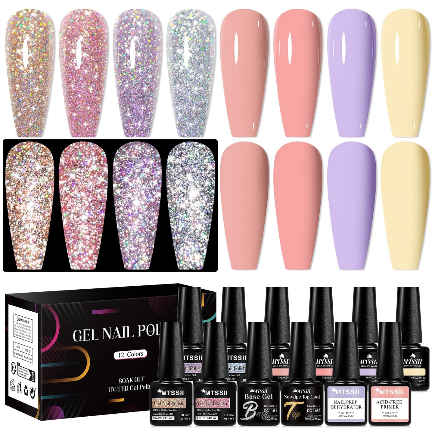 MTSSII Reflective Glitter Gel Nail Polish Set — 8 Colors + Base/Top Coat Kit for Home Manicures