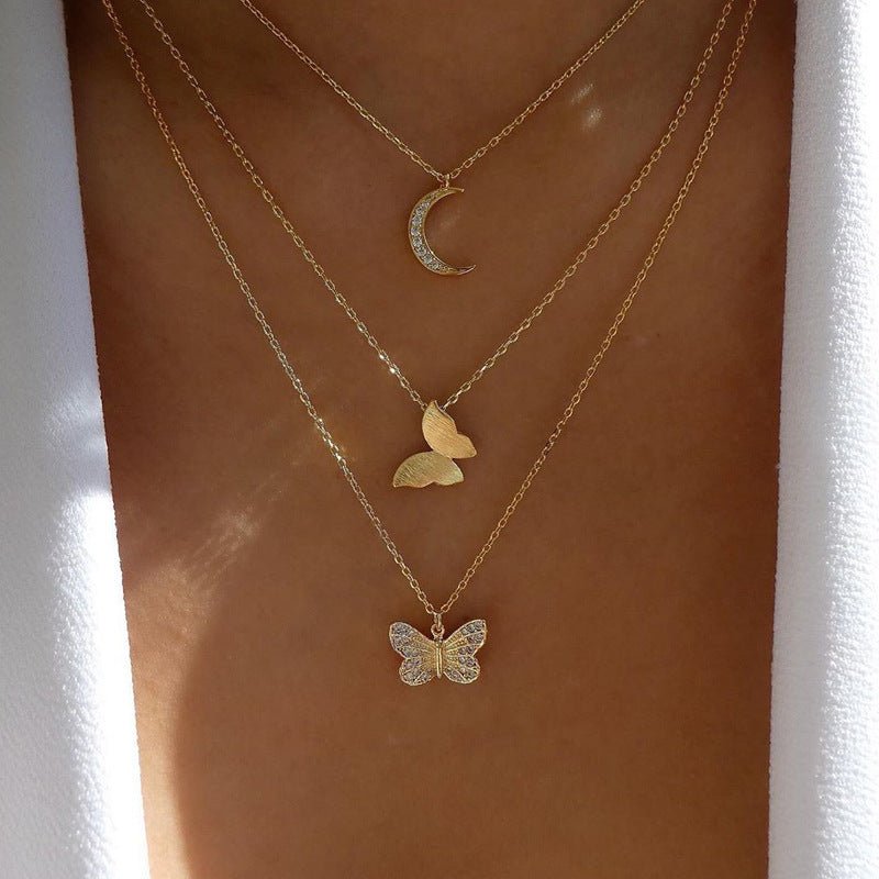 Multi-layer Crystal Butterfly & Moon Pendant Necklace