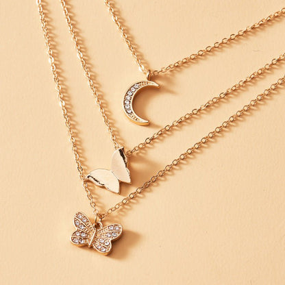 Multi-layer Crystal Butterfly & Moon Pendant Necklace