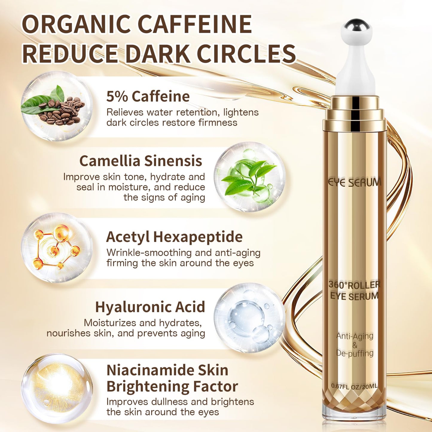 MUOCOBU Caffeine Eye Serum | 20ML Hyaluronic Acid Under-Eye Cream for Dark Circles, Puffiness & Fine Lines | 360° Roller Ball