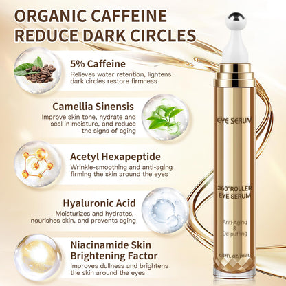 MUOCOBU Caffeine Eye Serum | 20ML Hyaluronic Acid Under-Eye Cream for Dark Circles, Puffiness & Fine Lines | 360° Roller Ball