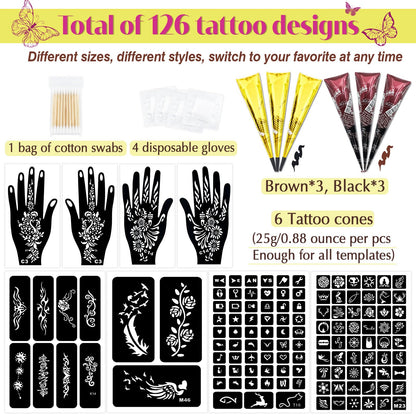 MuseLuxe 126‑Piece Temporary Tattoos Kit | 2-Color Ink, Gloves & DIY Body Art