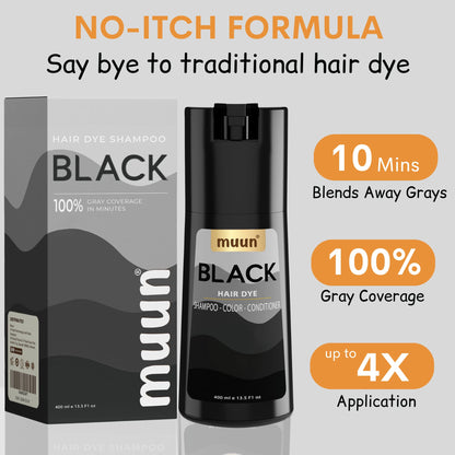 Muun Black Hair Dye Shampoo – 3-in-1 Ammonia-Free Color, Gray Coverage, 400ml