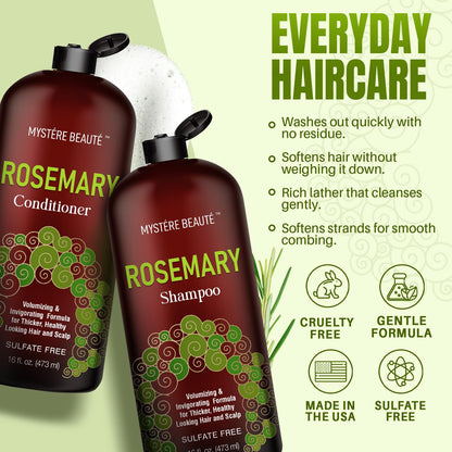 MYSTÉRE BEAUTÉ Rosemary Shampoo & Conditioner for Hair Growth – Sulfate Free, 16 oz