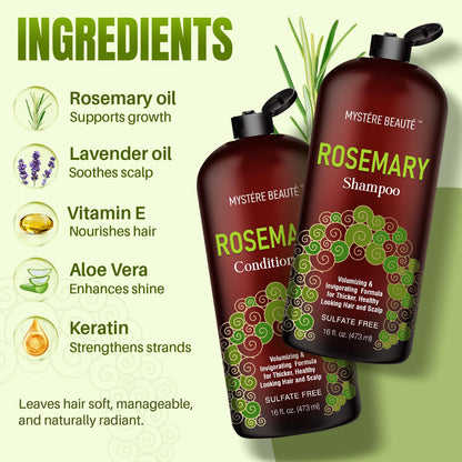 MYSTÉRE BEAUTÉ Rosemary Shampoo & Conditioner for Hair Growth – Sulfate Free, 16 oz