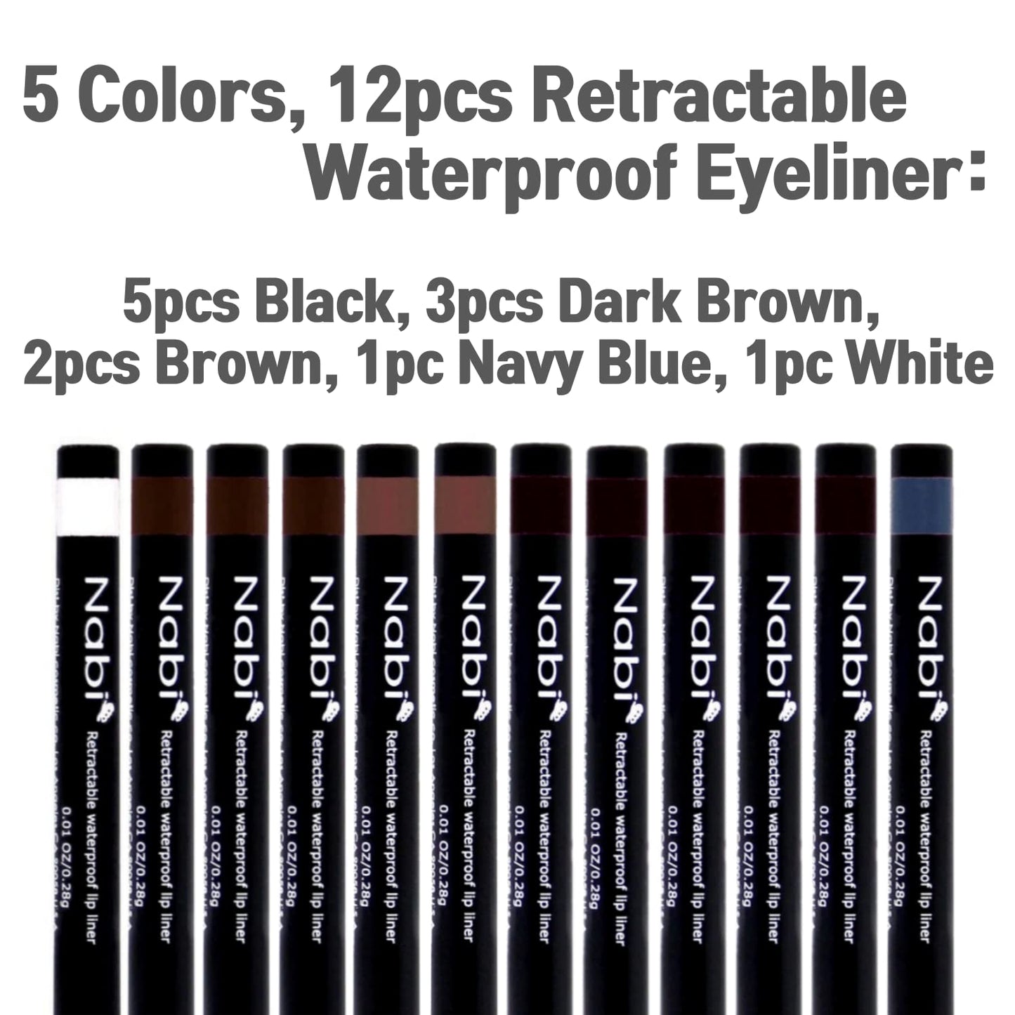 Nabi Retractable Waterproof Eye Liner — 12pc 5-Color Set | Roll It Up, Long-Lasting, Fade-Resistant