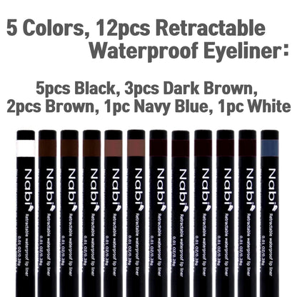 Nabi Retractable Waterproof Eye Liner — 12pc 5-Color Set | Roll It Up, Long-Lasting, Fade-Resistant