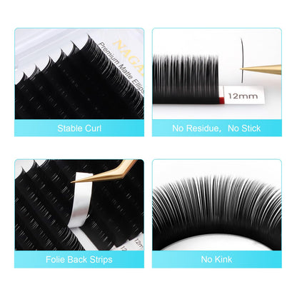 NAGARAKU Double Tips Ellipse Eyelash Extensions – 0.20mm Flat Lashes, D Curl, 14mm, Matte Black, 16 Rows