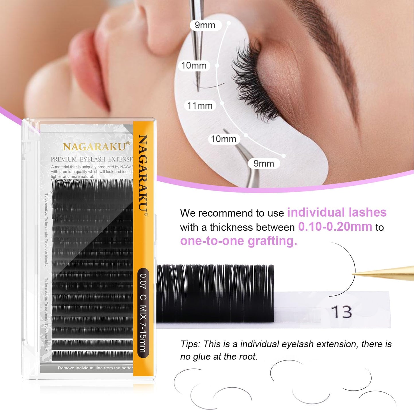 NAGARAKU Eyelash Extensions Classic – J B C D N LC LD L DD CC LB, 0.03-0.20, Matte Black