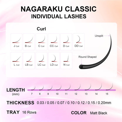 NAGARAKU Eyelash Extensions Classic Lashes – J B C D N LC LD Curl, 0.03–0.20 Thickness, 5–17mm, Matte Black