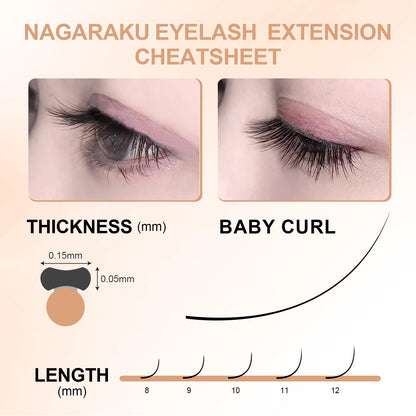 NAGARAKU Double Tips Flat Ellipse Eyelashes – Natural Charcoal, 0.15mm, Baby/J Curl, 8–12mm Mix
