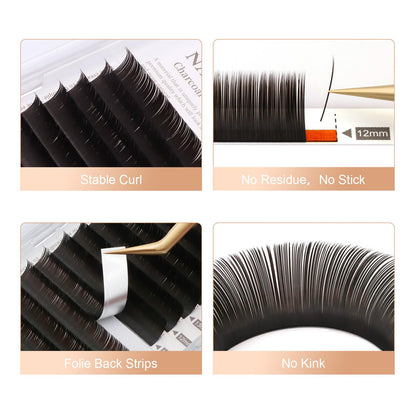 NAGARAKU Double Tips Flat Ellipse Eyelashes – Natural Charcoal, 0.15mm, Baby/J Curl, 8–12mm Mix