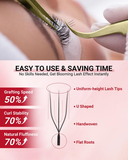 NAGARAKU U Eyelash Extensions 3D UU Lash – Lightweight Crisscross Fans, 9mm 0.07D
