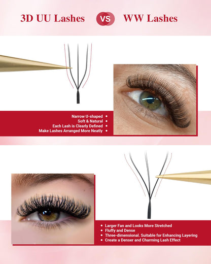 NAGARAKU U Eyelash Extensions 3D UU Lash – Lightweight Crisscross Fans, 9mm 0.07D