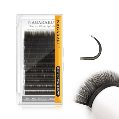 NAGARAKU Double Tips Flat Ellipse Eyelash Extensions – 0.20 LD Curl, 8-15mm Mix, Charcoal Color Faux Mink