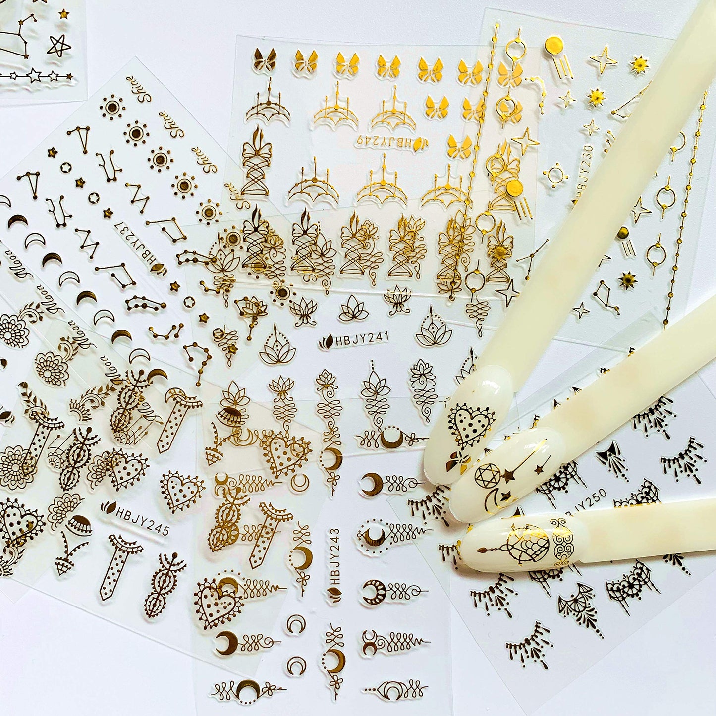 NAIL ANGEL 24 Sheets Gold Nail Art Sticker Sheets – Moon, Star & Flower Designs (10057)