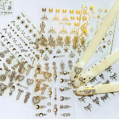 NAIL ANGEL 24 Sheets Gold Nail Art Sticker Sheets – Moon, Star & Flower Designs (10057)