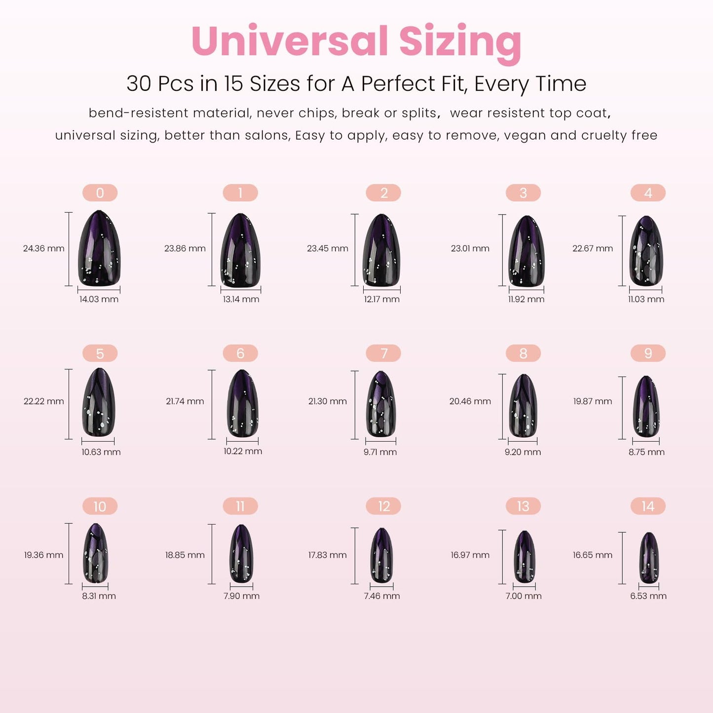Nail Reformation Almond Press-On Nails – Purple Cat Eye, UV Finish, 15 Sizes, 30 Tips