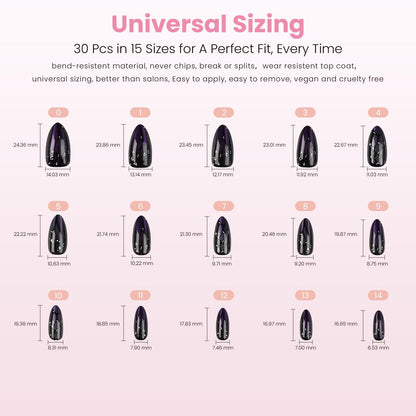 Nail Reformation Almond Press-On Nails – Purple Cat Eye, UV Finish, 15 Sizes, 30 Tips