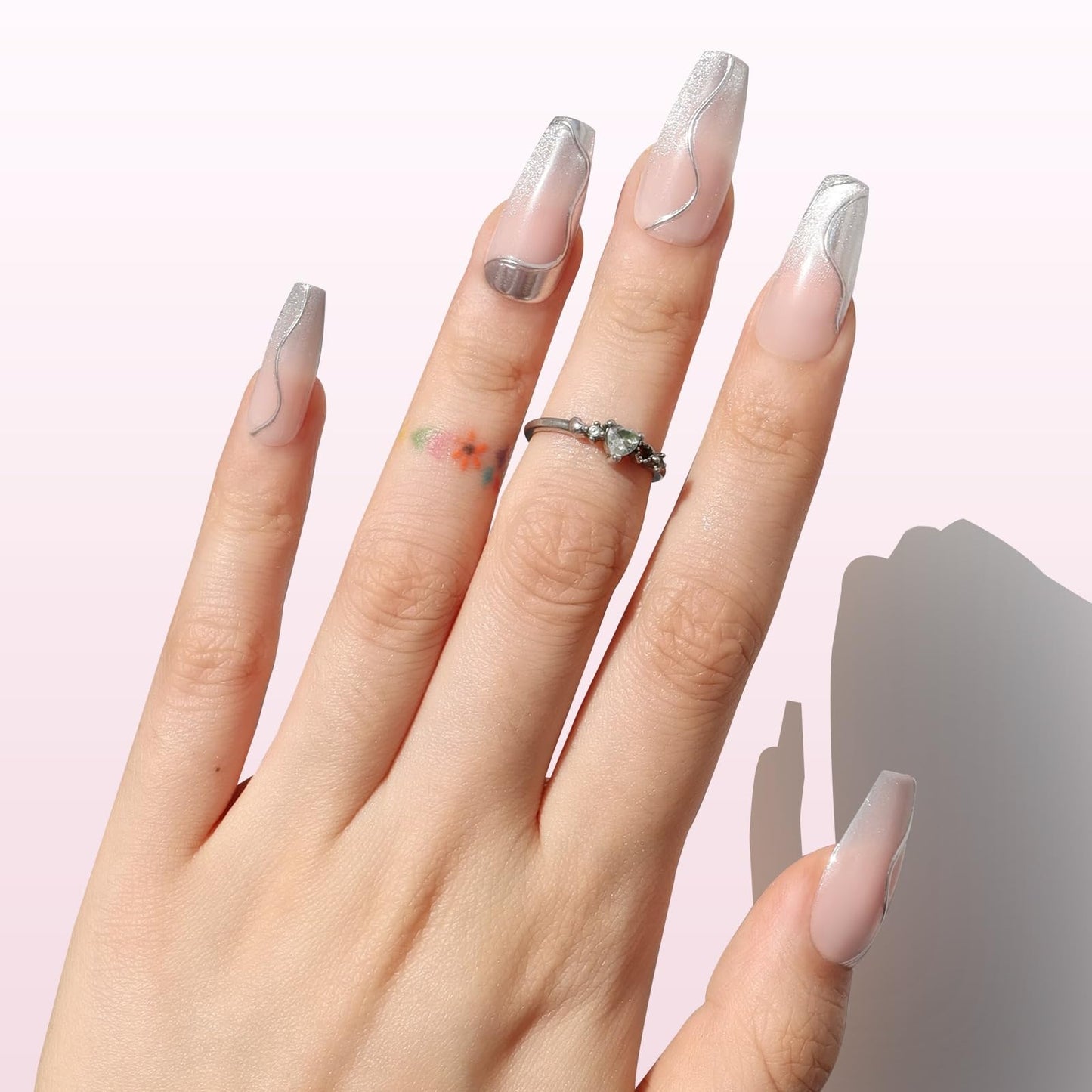 Nail Reformation Press-On Nails Coffin – Glitter Silver Accents, Pink Long Tips, UV Finish, 30 Tips in 15 Sizes + Glue