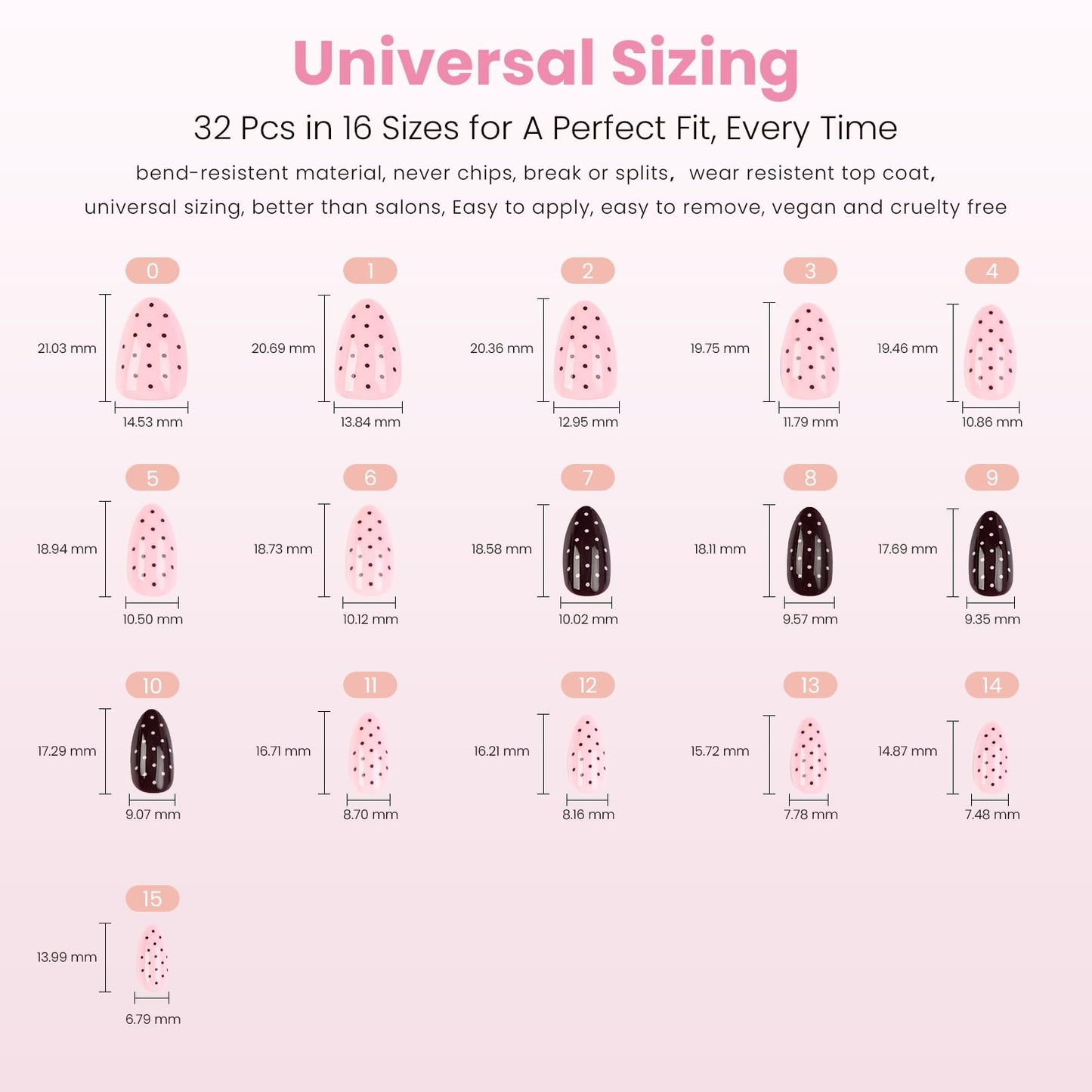 Nail Reformation Polka Dot Almond Press On Nails – Short Pink UV Finish, Reusable, 32 Tips, Glue Included | 16 Sizes
