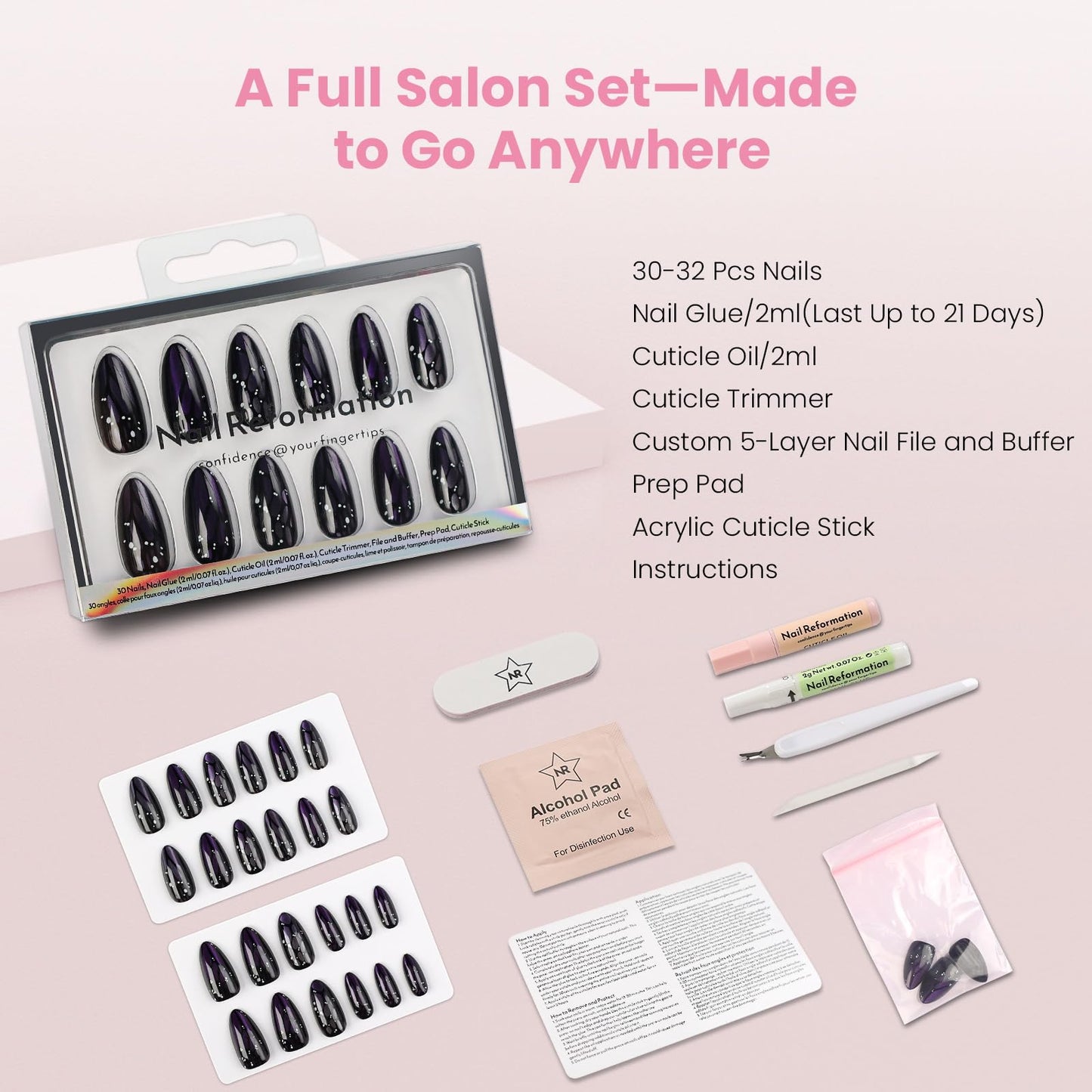 Nail Reformation Almond Press-On Nails – Purple Cat Eye, UV Finish, 15 Sizes, 30 Tips
