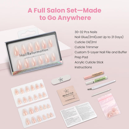 Nail Reformation Almond Nails – Pink Ombre Press On, UV Finish, 32 Tips, 16 Sizes