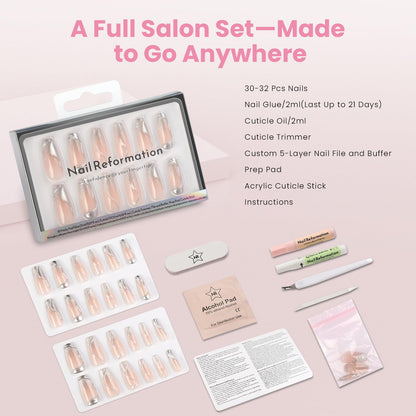 Nail Reformation Press-On Nails Coffin – Glitter Silver Accents, Pink Long Tips, UV Finish, 30 Tips in 15 Sizes + Glue