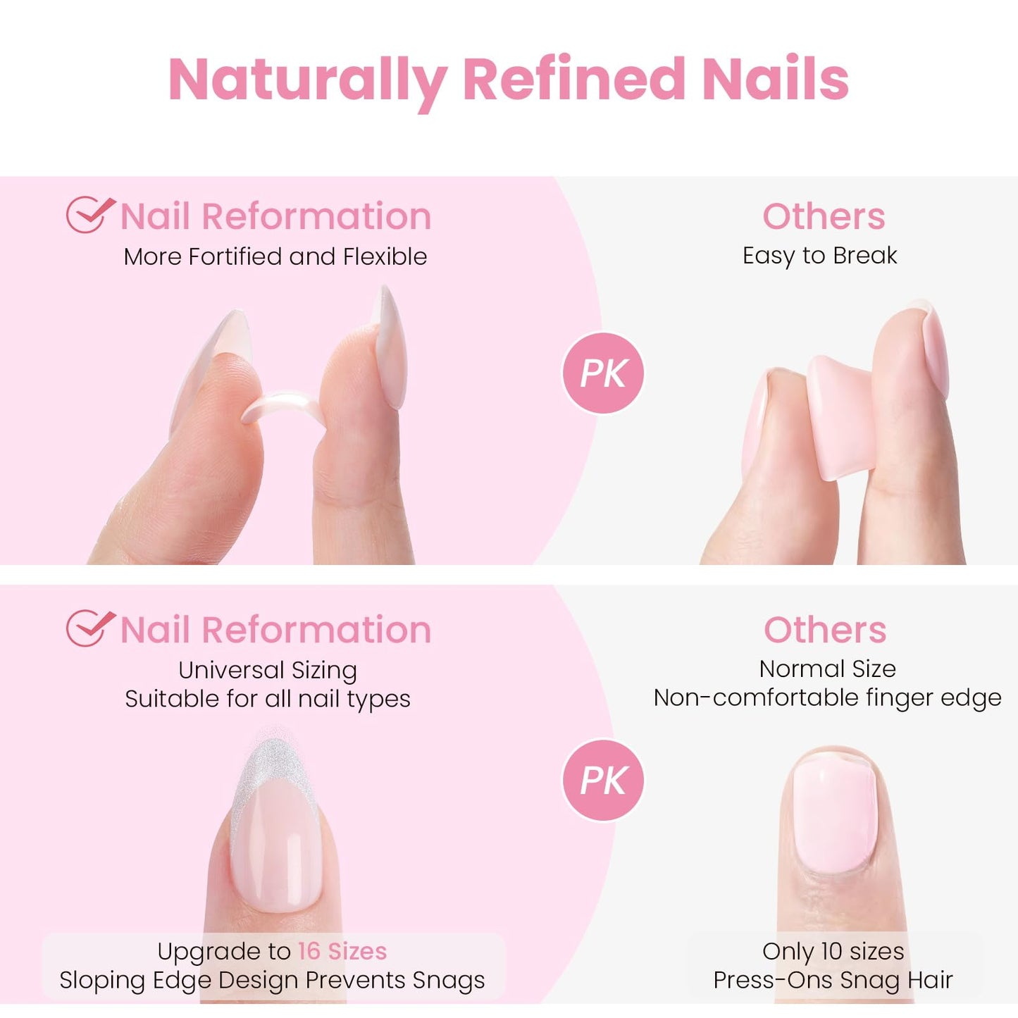 Nail Reformation Almond Press On Nails – French Pearl Medium, UV Finish, Reusable Kit